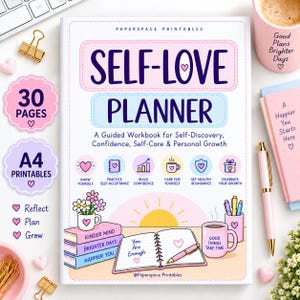Puede incluir: Un libro de ejercicios Self-Love Planner con portada blanca e ilustraciones en tonos pastel de libros, una taza y un sol. El texto dice Self-Love Planner, A Guided Workbook for Self-Discovery, Confidence, Self-Care & Personal Growth y You Are Enough.
