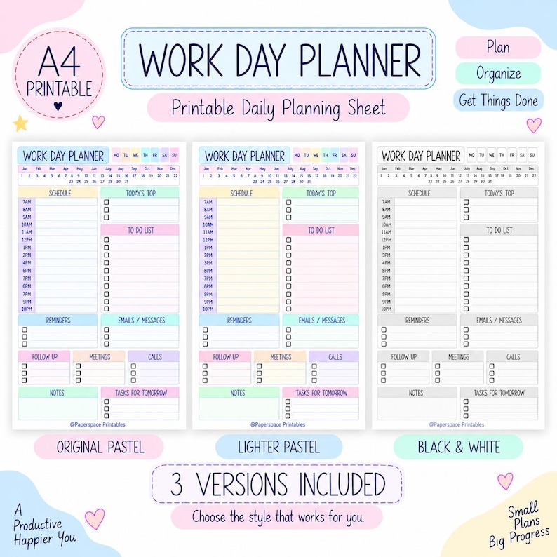 Work Day Planner Printable, Daily Planning Sheet, 3 Design Versions ...