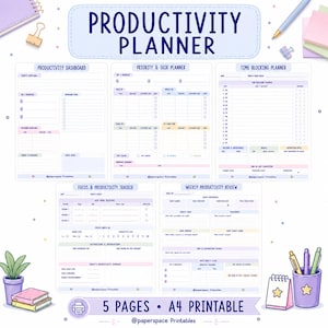Può includere: Un set di cinque pagine di pianificatore di produttività che include dashboard, pianificatore di attività, programma a blocchi temporali, tracker di concentrazione e revisione settimanale, con il titolo Productivity Planner.