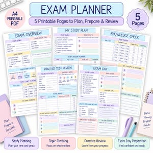 May include: A set of five A4 printable exam planner pages featuring pastel-coloured sections for study goals, exam overview, knowledge checks, practice test reviews, and exam day preparation. The text includes Exam Planner, 5 Printable Pages, and Plan Prepare Succeed.
