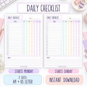 May include: Two daily checklist printable sheets with twenty numbered task rows and a notes section. One sheet starts on Monday and the other on Sunday. The design features pastel headers and columns for each day of the week. Text includes DAILY CHECKLIST.