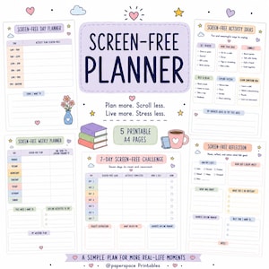 Może przedstawiać: Zestaw pięciu stron A4 do druku zatytułowany Screen-Free Planner, zawierający planer dzienny, tygodniowy, pomysły na aktywności, arkusz refleksji i 7-dniowe wyzwanie. Strony zawierają pastelowe kolory oraz ilustracje książek, kubka i kwiatów.