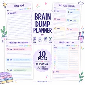Może przedstawiać: Cyfrowy zestaw planera Brain Dump zawierający cztery oddzielne strony do druku w formacie A4 z sekcjami w pastelowych kolorach do porządkowania myśli, ustalania priorytetów zadań oraz śledzenia codziennych potrzeb z ikonami.