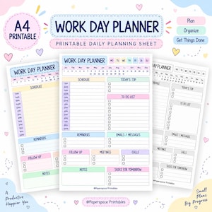 Puede incluir: Un conjunto de tres hojas de planificación diaria imprimibles en formato A4 con secciones de colores pastel para horarios, listas de tareas, recordatorios, reuniones y llamadas. El diseño incluye encabezados para meses, días y tareas específicas con etiquetas de texto.