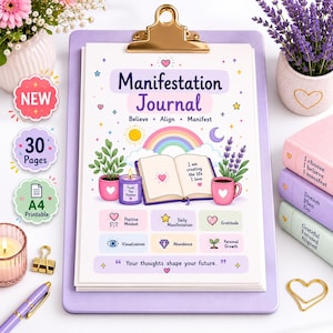 Puede incluir: Una página imprimible de diario de manifestación en un portapapeles morado claro. La página presenta un arcoíris, un libro abierto con el texto 'I am creating the life I love', una vela, una planta y una taza. Incluye secciones para Positive Mindset, Daily Manifestation, Gratitude, Visualization, Abundance y Personal Growth.