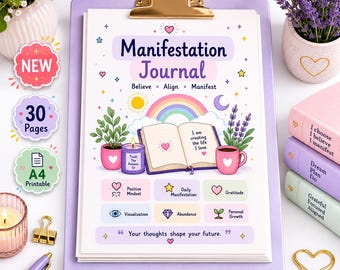 Manifestation Journal Printable | 30+ Pages, Gratitude, Affirmations, Vision Board (A4)