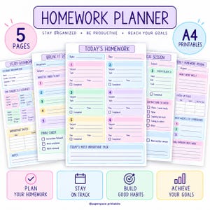 May include: A set of five A4 printable homework planner pages featuring pastel colour-coded sections for study dashboards, daily assignments, focus sessions, and weekly reviews. The text includes HOMEWORK PLANNER, 5 PAGES, A4 PRINTABLES, and various task-related headers.