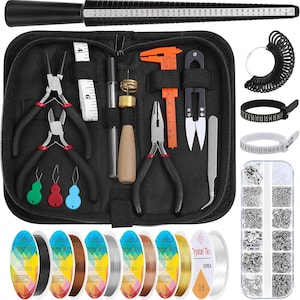 May include: A jewelry making kit featuring a black zippered case containing pliers, a measuring tape, a ring mandrel, a caliper, tweezers, and needle threaders. Includes spools of 0.5mm copper wire, clear elastic cord, and a container of metal findings.