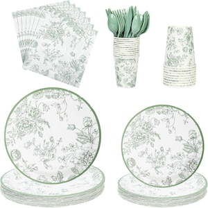 175Pcs Sage Green Floral Party Tableware Set, Chinoiserie Paper Plates, Cups & Napkins for 25 Guests, Wedding And Birthday