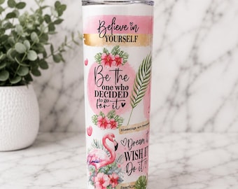 Vaso con diseño de flamencos / Afirmación positiva, taza de viaje con estampado floral tropical