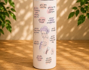 Copo térmico com afirmações de amor próprio, caneca com frases positivas, caneca de viagem motivacional