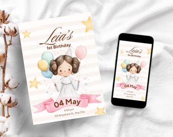 Star Wars Princess Birthday Invitation, Printable and Editable, Pink Girl Invite, Princess Leia Party