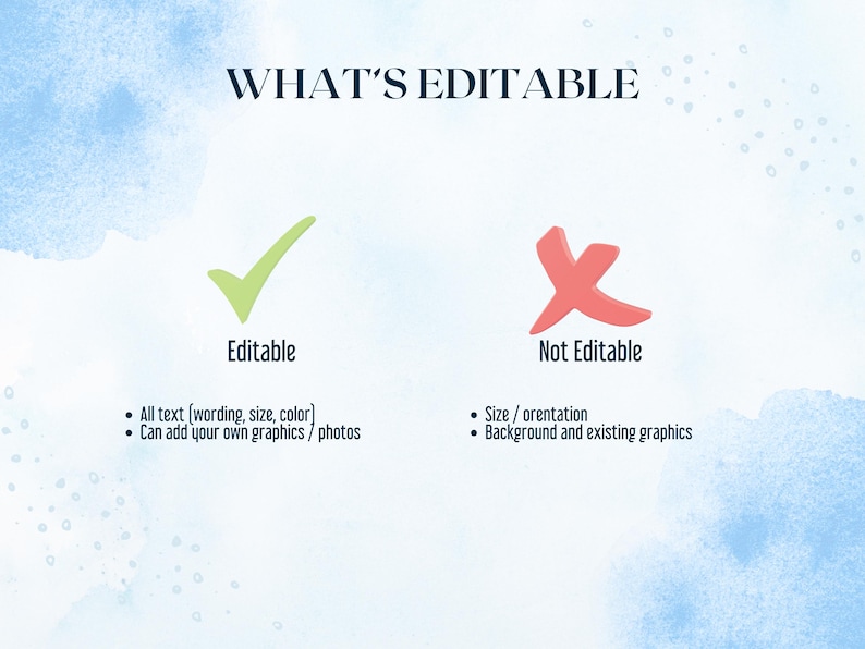 Może przedstawiać: Grafika z tekstem "WHAT'S EDITABLE" oraz zielonym znakiem wyboru oznaczonym jako "Editable" i czerwonym krzyżykiem oznaczonym jako "Not Editable". Tekst pod znakiem wyboru m&oacute;wi "Cały tekst (słowa, rozmiar, kolor)" i "Możesz dodać własną grafikę / zdjęcia".