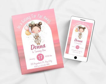 Star Wars Birthday Invitation, Printable and Editable, Pink Girl Galaxy Bday, Rey Birthday party, In a galaxy far far away invite