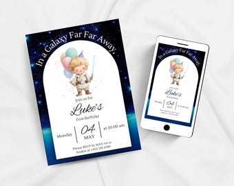 Star Wars Birthday Invitation, Printable and Editable, Blue Boy Galaxy Bday, Luke Birthday party, In a galaxy far far away invite