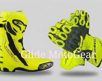 Neon Yellow Motorcycle Boots & GP Pro Gloves Set | Leather Track Racing Kit
