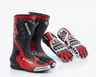 Suzuki GSX Motorrad Trainingsanzug | Rote Leder Racing Boots & Handschuhe Handschuhe