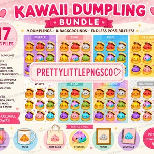 Puede incluir: Un paquete de arte digital con ilustraciones de dumplings kawaii en varios colores. Incluye 17 archivos PNG con 9 dumplings, 8 fondos y PNG transparentes individuales. Perfecto para sublimación, impresiones, pegatinas, tazas y bolsas de mano.