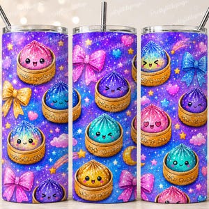 May include: A stainless steel tumbler with a colorful design featuring cartoon dumplings in wooden baskets, bows, hearts, and stars against a purple galaxy background. The tumbler has a silver straw and the text "Prettylittlepings".