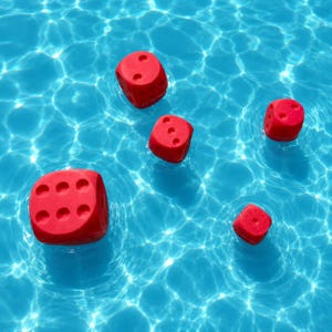 May include: Five bright red dice of varying sizes floating on the surface of clear blue water. The dice create small ripples in the water, and each die features circular indentations representing numbers, with the largest die showing six dots.