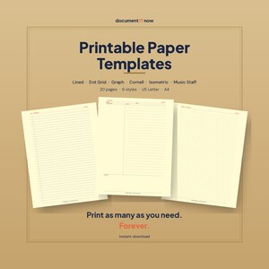 Op de afbeelding: Afdrukbare papiersjablonen met lijnen, raster, grafiek, Cornell, isometrische en muzieknoten ontwerpen. De afbeelding bevat 20 pagina's, 6 stijlen en US Letter- en A4-formaten. De tekst luidt: "Print zoveel als je nodig hebt. Voor altijd."