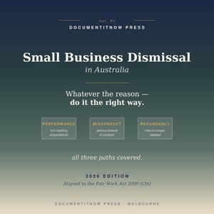 Może przedstawiać: Okładka książki z niebiesko-zielonym gradientem tła. Tytuł brzmi "Small Business Dismissal in Australia". Tekst zawiera "Performance", "Misconduct" i "Redundancy". Książka jest zgodna z ustawą Fair Work Act 2009.