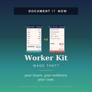 May include: A teal and blue graphic with the text "DOCUMENT IT NOW" at the top. The image compares a timecard with 53.5 hours worked to a pay stub showing 40 hours paid. The text "Worker Kit" and "WAGE THEFT" are also displayed.