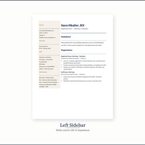 Puede incluir: Un curr&iacute;culum vitae profesional para Sara Okafor, enfermera, que detalla la experiencia y las habilidades. El curr&iacute;culum incluye informaci&oacute;n de contacto, educaci&oacute;n e historial laboral. El documento es blanco con texto negro y una barra lateral beige claro.