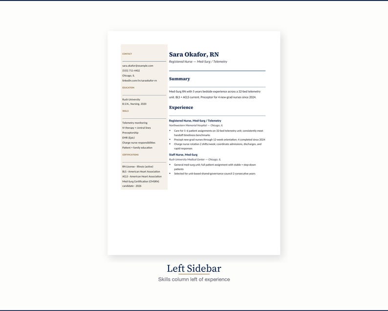 Puede incluir: Un curr&iacute;culum vitae profesional para Sara Okafor, enfermera, que detalla la experiencia y las habilidades. El curr&iacute;culum incluye informaci&oacute;n de contacto, educaci&oacute;n e historial laboral. El documento es blanco con texto negro y una barra lateral beige claro.