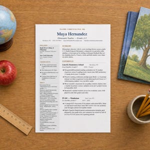 May include: A resume for Maya Hernandez, Elementary Teacher, Grades 3-5, lies on a wooden desk, next to a globe, a red apple, a ruler, a stack of books, and a small ceramic pot with pencils. The resume's heading is in blue font.