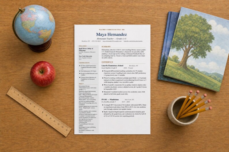 May include: A resume for Maya Hernandez, Elementary Teacher, Grades 3-5, lies on a wooden desk, next to a globe, a red apple, a ruler, a stack of books, and a small ceramic pot with pencils. The resume's heading is in blue font.