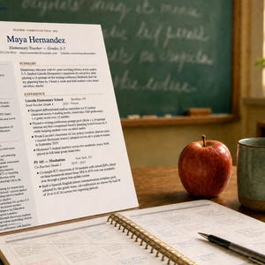 May include: A resume titled "Maya Hernandez" sits on a wooden desk next to an open notebook, pen, red apple, and a green mug. The resume details education, certifications, and experience. A chalkboard is in the background.