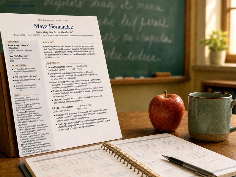 May include: A resume titled "Maya Hernandez" sits on a wooden desk next to an open notebook, pen, red apple, and a green mug. The resume lists education, certifications, and experience. A chalkboard is in the background.