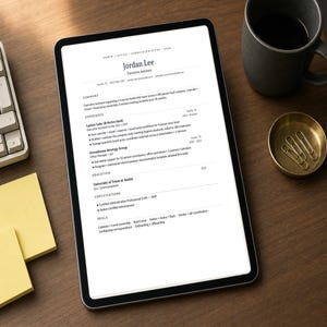May include: A digital tablet displaying a resume titled "Jordan Lee, Executive Assistant" sits on a wooden desk. A keyboard, coffee mug, brass dish with paper clips, and sticky notes are also on the desk.