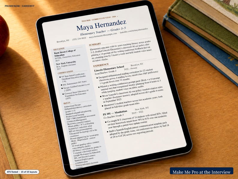 May include: A digital tablet displaying a resume for Maya Hernandez, an elementary teacher. The resume includes sections for education, experience, and skills. The tablet is on a wooden surface, with books visible in the background. The text "Make Me Pro at the Interview" is at the bottom.
