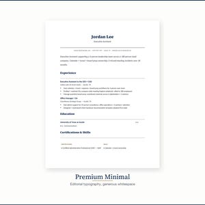 May include: A minimalist resume template with the name "Jordan Lee" at the top. The resume includes sections for experience, education, and certifications. The text "Premium Minimal" and "Editorial typography, generous whitespace" are at the bottom.