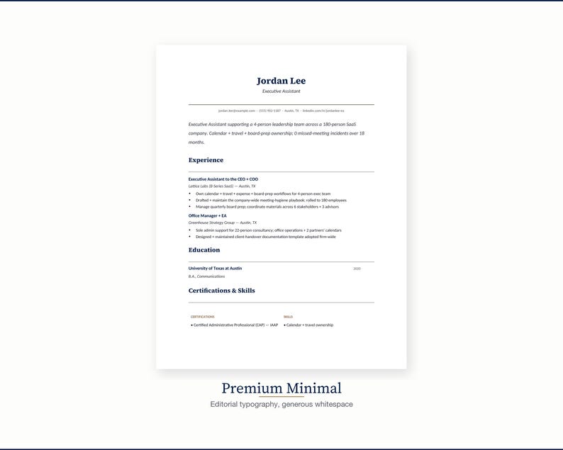 May include: A minimalist resume template with the name "Jordan Lee" at the top. The resume includes sections for experience, education, and certifications. The text "Premium Minimal" and "Editorial typography, generous whitespace" are at the bottom.