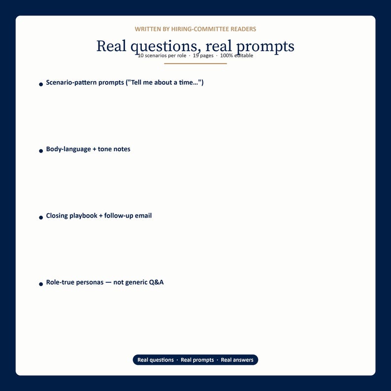 May include: A white document with dark blue borders features the text "Real questions, real prompts." Bullet points list topics including scenario prompts, body language notes, and closing playbooks. The document is labeled "10 scenarios per role, 19 pages, 100% editable."