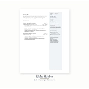May include: A professional resume template with a clean, modern design. The document features a summary, experience, and skills sections. The right sidebar includes contact information and certifications. The resume is primarily black and white with a touch of blue.