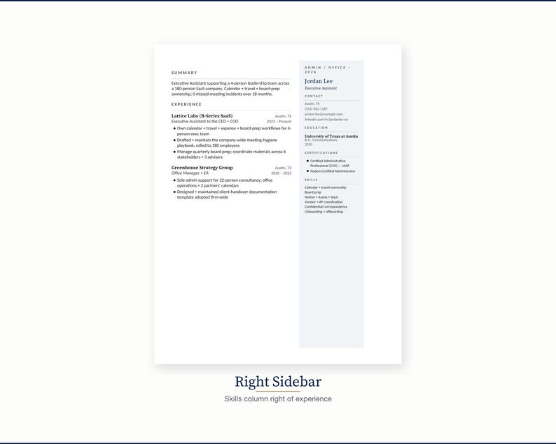 May include: A professional resume template with a clean, modern design. The document features a summary, experience, and skills sections. The right sidebar includes contact information and certifications. The resume is primarily black and white with a touch of blue.