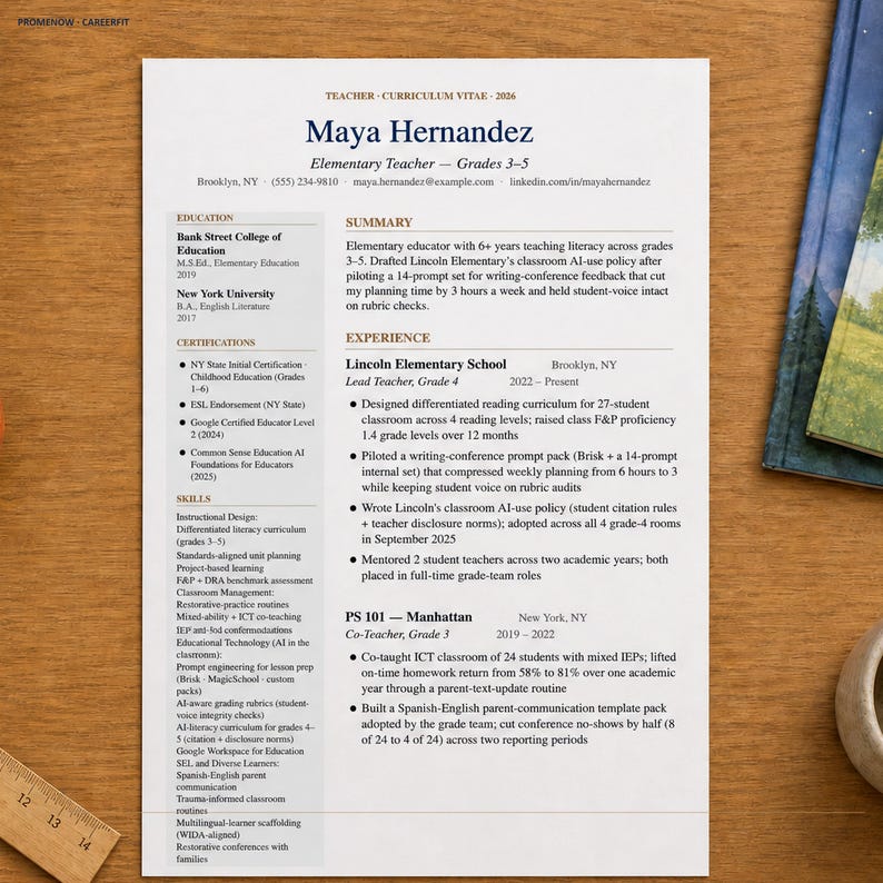 May include: A resume for Maya Hernandez, an elementary teacher. The document includes her education, certifications, skills, and work experience at Lincoln Elementary School and PS 101 Manhattan. The resume is on a white background with black text.