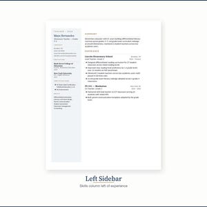 May include: A resume with a white background and blue text. The resume is for Maya Hernandez, a teacher. The resume includes contact information, education, certifications, and skills. The summary highlights experience in elementary education.