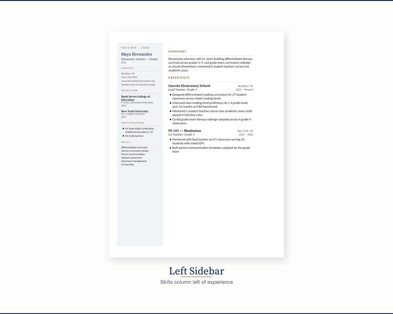 May include: A resume with a white background and blue text. The resume is for Maya Hernandez, a teacher. The resume includes contact information, education, certifications, and skills. The summary highlights experience in elementary education.
