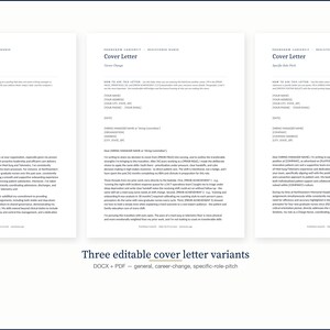 Puede incluir: Tres plantillas editables de cartas de presentaci&oacute;n para enfermeras registradas. Los documentos est&aacute;n en formatos DOCX y PDF, con opciones para cartas de presentaci&oacute;n generales, de cambio de carrera y de rol espec&iacute;fico. Texto negro sobre fondo blanco.