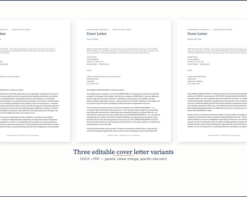 Puede incluir: Tres plantillas editables de cartas de presentaci&oacute;n para enfermeras registradas. Los documentos est&aacute;n en formatos DOCX y PDF, con opciones para cartas de presentaci&oacute;n generales, de cambio de carrera y de rol espec&iacute;fico. Texto negro sobre fondo blanco.