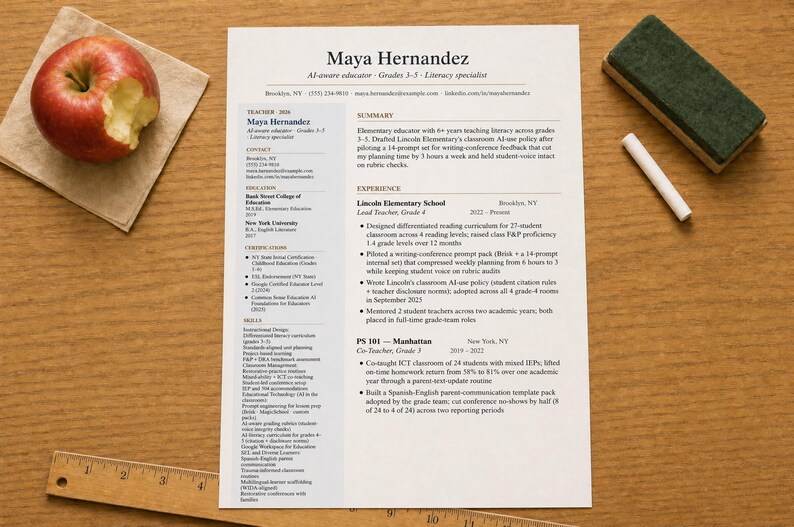May include: A resume titled "Maya Hernandez" lies on a wooden surface, accompanied by a partially eaten red apple on a napkin, a ruler, a chalkboard eraser, and a piece of chalk. The resume details her experience as an educator.