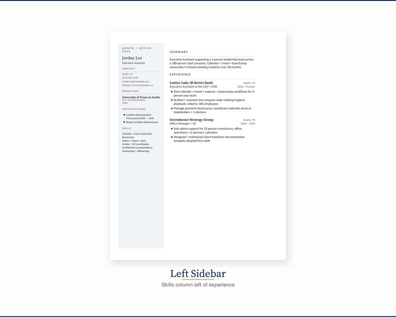 May include: A white resume with a blue sidebar. The resume includes the name "Jordan Lee" and details about experience and skills. The text "Left Sidebar" and "Skills column left of experience" are at the bottom.