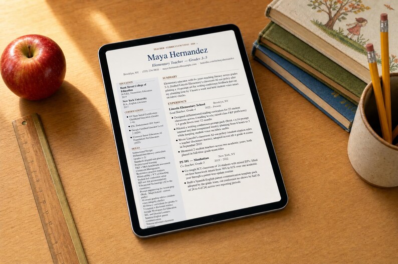 May include: A digital tablet displaying a resume titled "Maya Hernandez, Elementary Teacher - Grades 3-5" rests on a wooden surface. An apple, a ruler, books, pencils, and a pencil holder are also present.