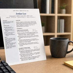 Op de afbeelding: Een cv met de titel "Jordan Lee" ligt op een houten bureau naast een donkergrijze mok, een toetsenbord en een kleine vetplant in een pot. Het cv bevat de tekst "Corporate EA" en "MS365+".