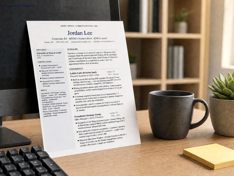 Op de afbeelding: Een cv met de titel "Jordan Lee" ligt op een houten bureau naast een donkergrijze mok, een toetsenbord en een kleine vetplant in een pot. Het cv bevat de tekst "Corporate EA" en "MS365+".